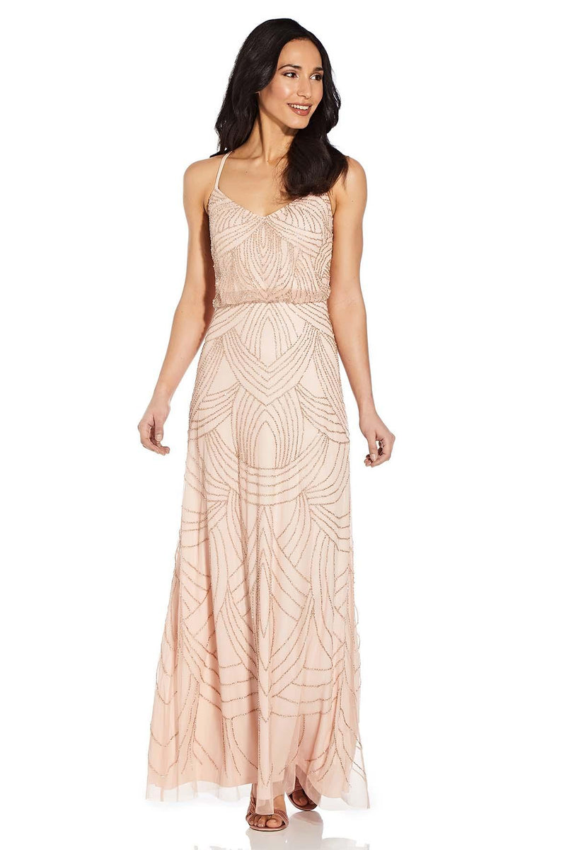 Long Beaded Dress In Taupe Pink