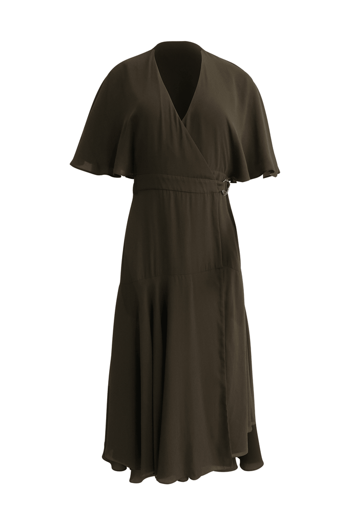 Army Green Wrap Dress With Ruffled Sleeves - Fame And Partners