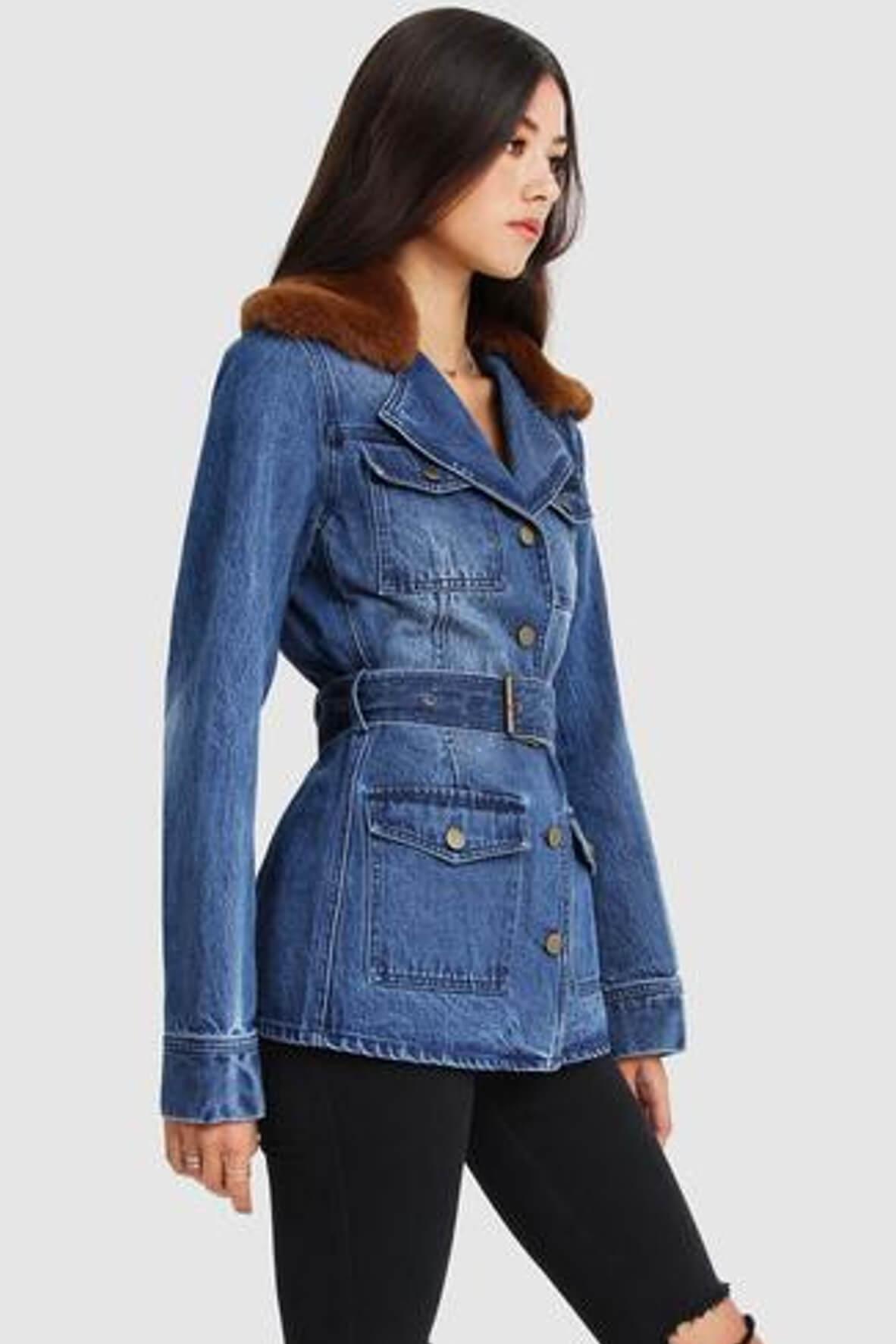 Long belted hot sale denim jacket