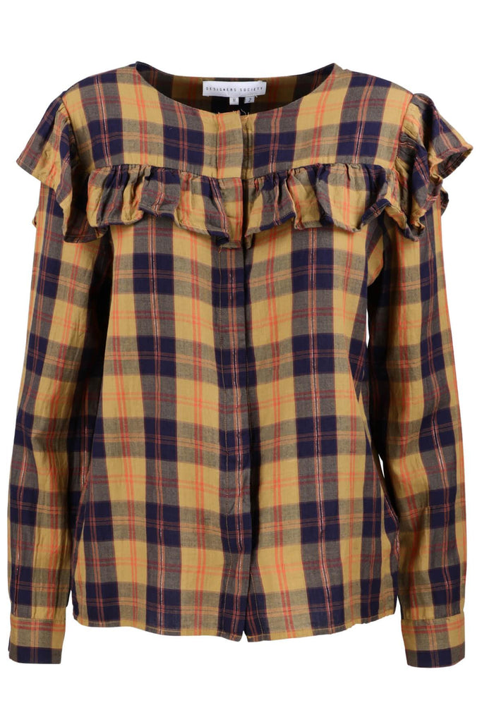 Checked Long Sleeve Ruffled Blouse - Designers Society