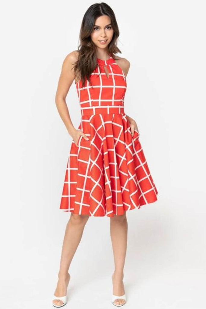 Coral & White Checkered Halter Make Me Over Flare Dress - Smak Parlour