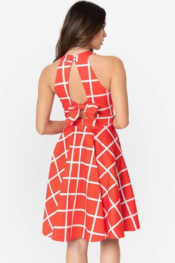 Coral & White Checkered Halter Make Me Over Flare Dress - Smak Parlour